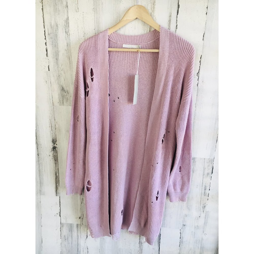 NWT One Grey Day Wyatt Long Cardigan Tattered Mauve REVOLVE Cotton Cashmere M
